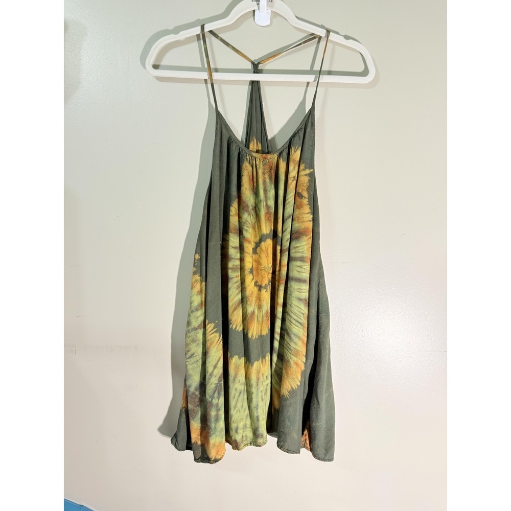 Kenneth Cole Tie Dye Mini Dress Green Orange Spiral Racerback T-Strap Swing S/M